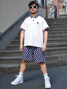 SHEIN 2pcs Boys' Casual Stylish Retro Floral Shirt & Shorts Set, Suitable For Spring Summer Everyday Outings, School, Campus, College - Blue and White - View 9