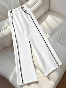 GlowEve High Waist Wide Leg Pants With Black Side Stripe And Metal Buckle, French Minimalist Style, Draping Effect, Slimming, Ankle Length For Commuting - White - View 3