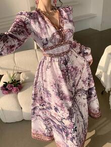 DAZY Vestido de dama de honor de manga abullonada con cuello en V y bloqueo de color floral elegante de longitud media, vestido de invitada de boda de primavera/verano - Rosa - Ver 4