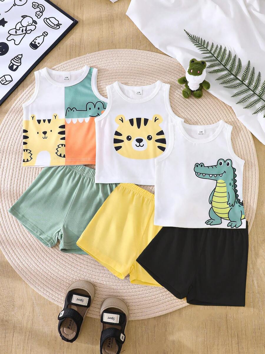 Baby Boys' Cartoon Animal Print Sleeveless Tank Top And Shorts Set, Suitable For Casual Outings, Outdoor Activities, Sports And Play, Parties, And Family Outings - Multicolor - View 1
