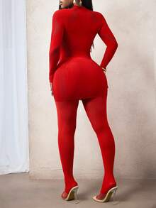 BamGleam Women's Sexy Hollow-Out 2 Pieces Bodycon Dress Set With Tight Leggings - Red - View 2