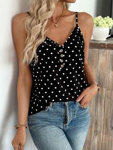 Selamara Women's Casual V-Neck Button Black Polka Dot Fashionable & Comfortable Camisole - Black - View 5