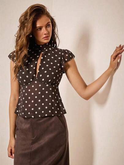COSMINA Áo kiểu nữ tay ngắn chất liệu chiffon chấm bi nâu, kiểu dáng thanh lịch thường ngày, thích hợp mặc công sở, phong cách Y2K.