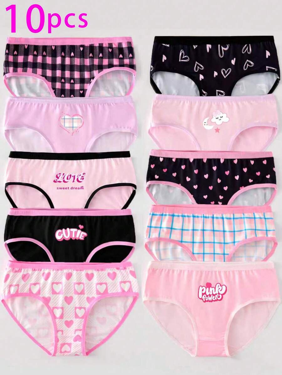 10pcs Girls' Heart & Plaid Graphic Allover Print Cute Cartoon Panties Set