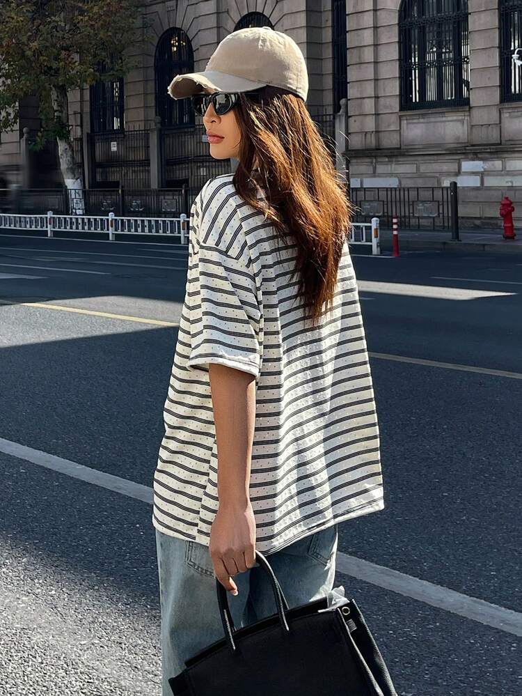 Women's Casual Striped Letter Print T-Shirt, Summer Y2k