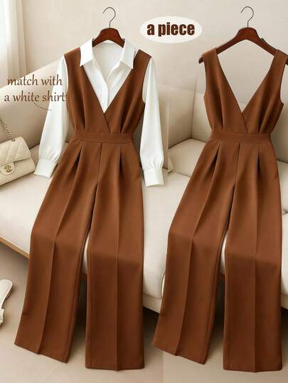 Chiquease Women's Elegant V-Neck Solid Color Sleeveless Jumpsuit For Commuting, Women's Everyday Commuting Jumpsuit, Women's Casual Wear, All-Season Wear, Luxury Wear, Fashionable Brown Jumpsuit For Commuting.