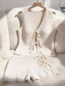 Franclia 2025 Spring/Summer New Design Bow Tie Strap Ribbed Casual Commute Fitted Waist Knit Vest Top Paired With Pants Set - Beige - View 3