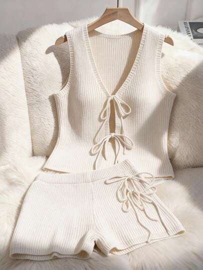 Franclia 2025 Spring/Summer New Design Bow Tie Strap Ribbed Casual Commute Fitted Waist Knit Vest Top Paired With Pants Set