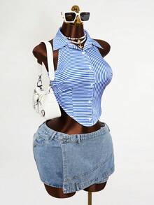 Spring And Summer Back Tie Bow-Knot Casual Design Sense Shirt - Blue and White - View 5