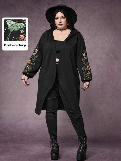 Goth Felpa con cappuccio lunga asimmetrica da donna taglie forti con ricami di funghi, stelle, falene, piante e orchidee