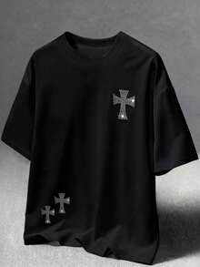 Coolqubz Teen Boy Spring/Summer New Edgy Cross Studded Short Sleeve Dark T-Shirt - Black - View 3