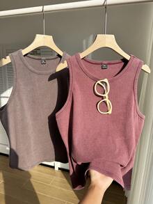 Comfortcana 2pcs Plus Size Women Casual Solid Color Comfortable Camisole, Suitable For Daily Wear - Brown - View 1