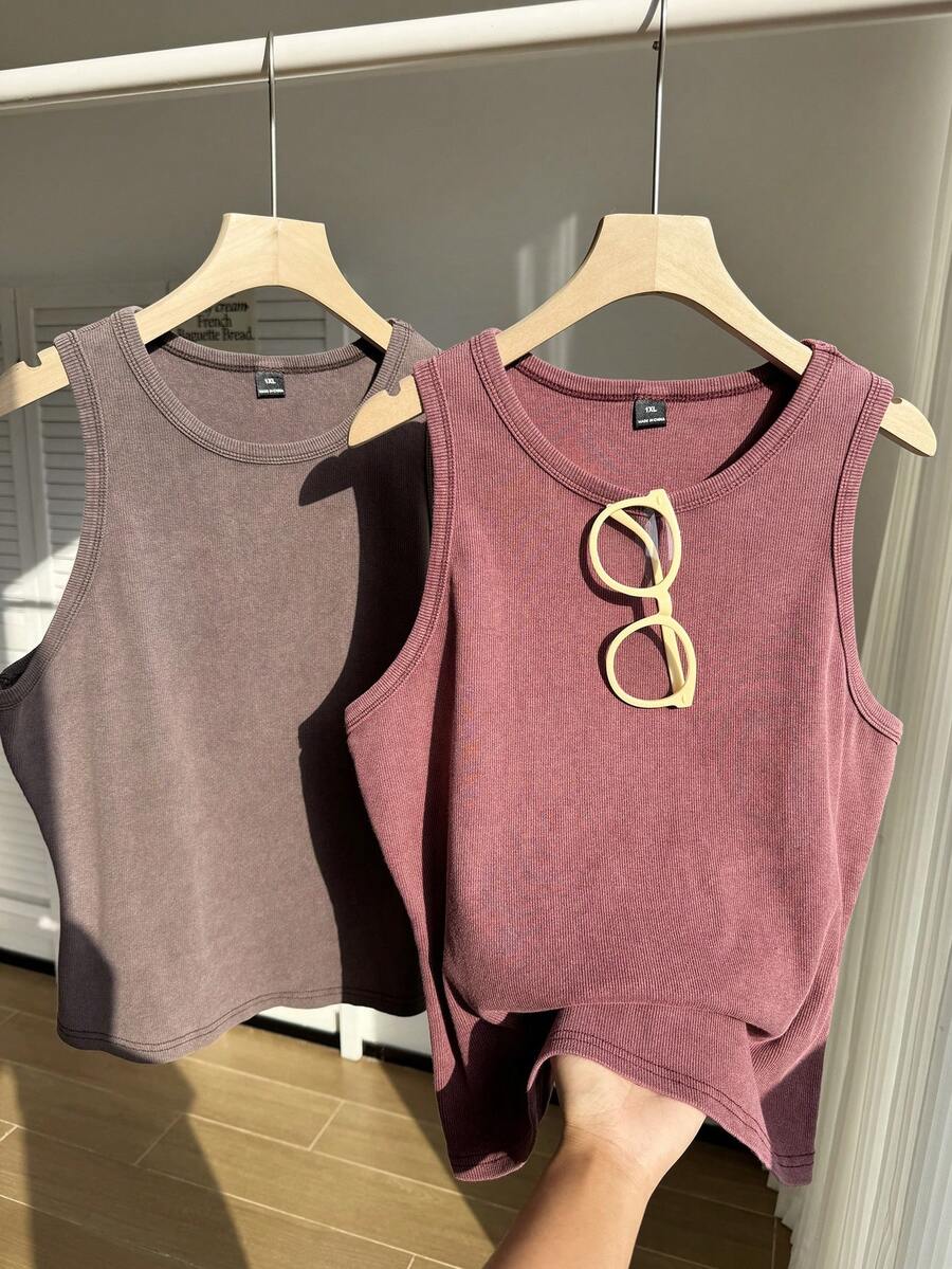 Comfortcana 2pcs Plus Size Women Casual Solid Color Comfortable Camisole, Suitable For Daily Wear - Brown - View 1