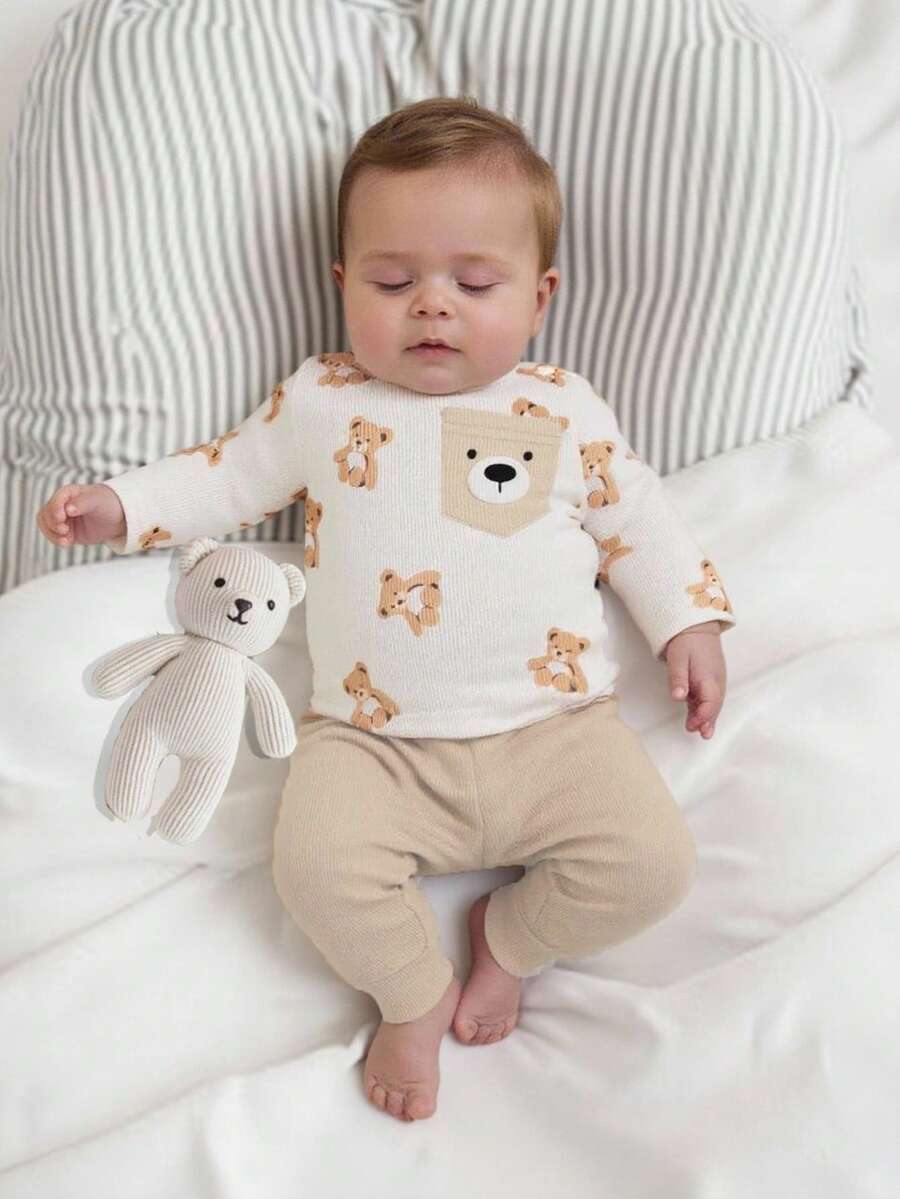 SHEIN 新生男宝宝白色皮特图案卡通恐龙图案印花拼接绿色口袋长袖上衣配绿色裤子两件套可爱休闲运动时尚新品 - 卡其色 - 查看 1