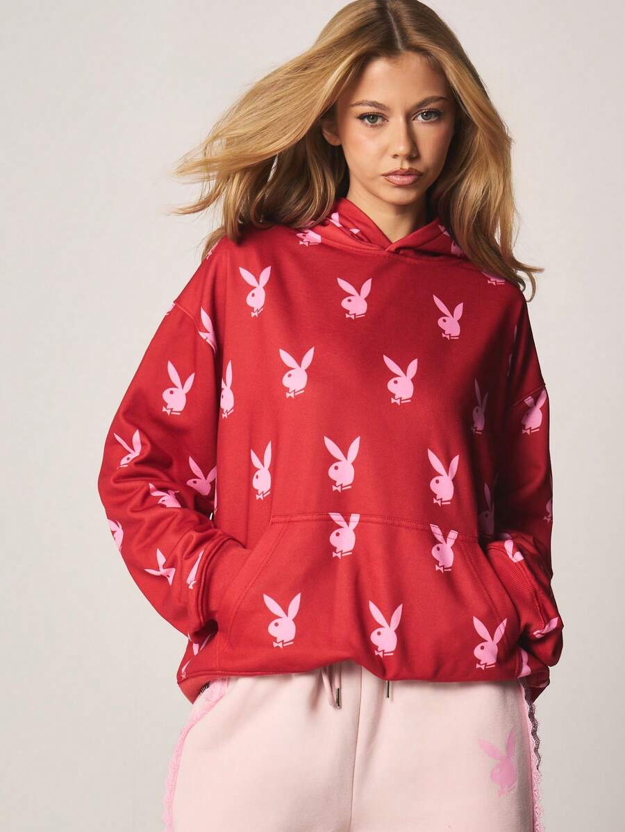 Missguided x Playboy 超大兔子印花连帽衫,带抽绳长袖休闲套头衫,秋冬季舒适卫衣家居服,情人节特惠 - 紅色 - 查看 1