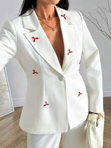 EURMUSE Women Red Color Rhinestone Detailed Blazer Jackets - White - View 2