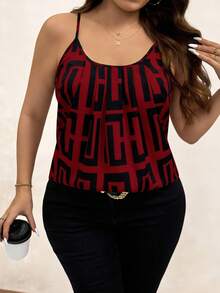 Chikora Plus Size Summer Casual Geometric All-Over Print Camisole, Going Out Tops - Red - View 3