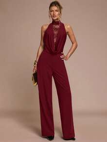 SHEIN BAE Bộ jumpsuit nữ màu trơn cổ khoét sâu phối ren tương phản thanh lịch - Màu Đỏ Sâu - Xem 4