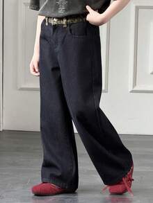 Dazy Kids Quần jeans ống rộng có túi, cài nút, kiểu dáng thường ngày, đa năng dành cho bé trai tuổi teen. - Rửa tối - Xem 1