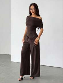 SHEIN PETITE Autumn/Winter Solid Brown Sexy Asymmetric Neck Women Short Sleeve Top & Pants 2 Pieces Set Autumn/Winter Thermal Lining Women's Knitted 2 Pieces Set Basic Knit Women's Asymmetric Neck Top - Brown - View 5