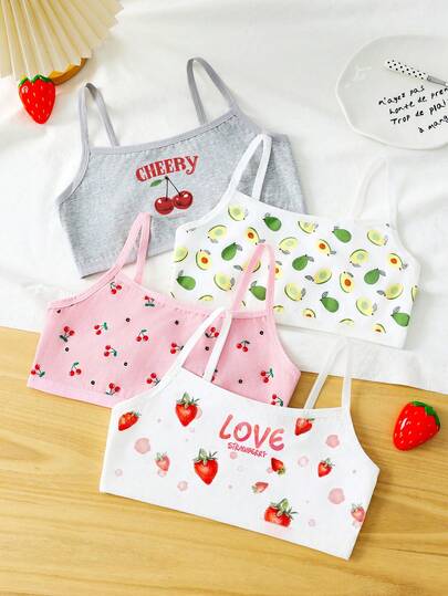4pcs Girls' Cute Casual Fruit Print Bralettes