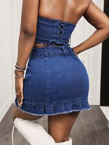 Slaydiva 女士夏季休闲时尚街头风荷叶边下摆半拉链前扣腰带抹胸牛仔连衣裙 - 藍色 - 查看 2