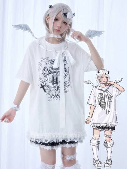 EDITION T-shirt ample femme imprimé croix de mine terrestre punk mignon