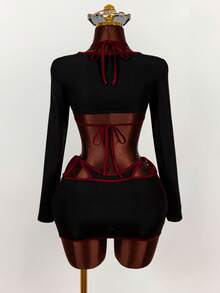 Amplova 2026 Women's New Sports Collegiate Style Long Sleeve Cropped Top, Halter Neck Tank, And Bodycon Mini Skirt Set - Black - View 2