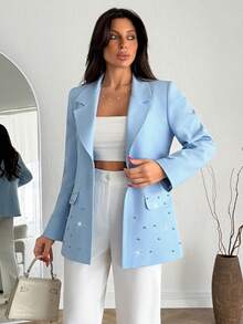 EURMUSE Women Lapel Neck Elegant Pearl Detailed Blazer - Baby Blue - View 4
