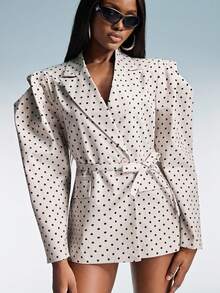 Aveloria Affinna Polka Dot Random Print Exaggerated Silhouette Wide Shoulder Design Fashionable Avant-Garde High-End Sense Polka Dot Long Sleeve With Adjustable Waist Belt Versatile Loose Casual Women Blazer Jacket - Beige - View 6