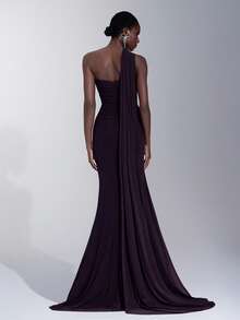 Elitara Elegant Brown Strapless High Stretch Glossy Mesh Ruched Fishtail Asymmetric Shoulder Hanging Flounce Dress, Suitable For Dates, Weddings, Events, Bridesmaid - Purple - View 3