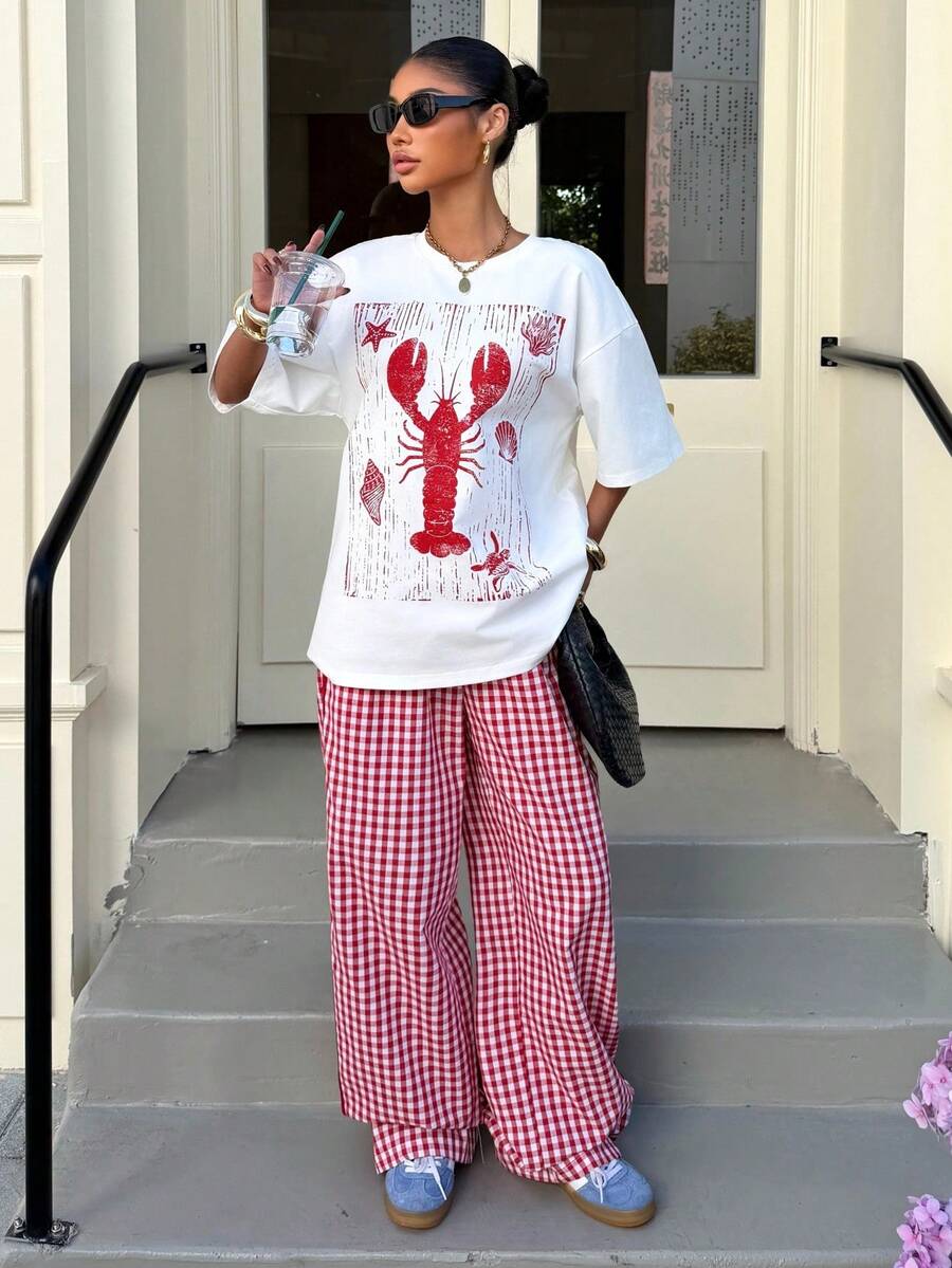 Muchica Women's Casual Lobster Print T-Shirt & Plaid Pants 2 Pieces Set, Summer - Red and White - View 1