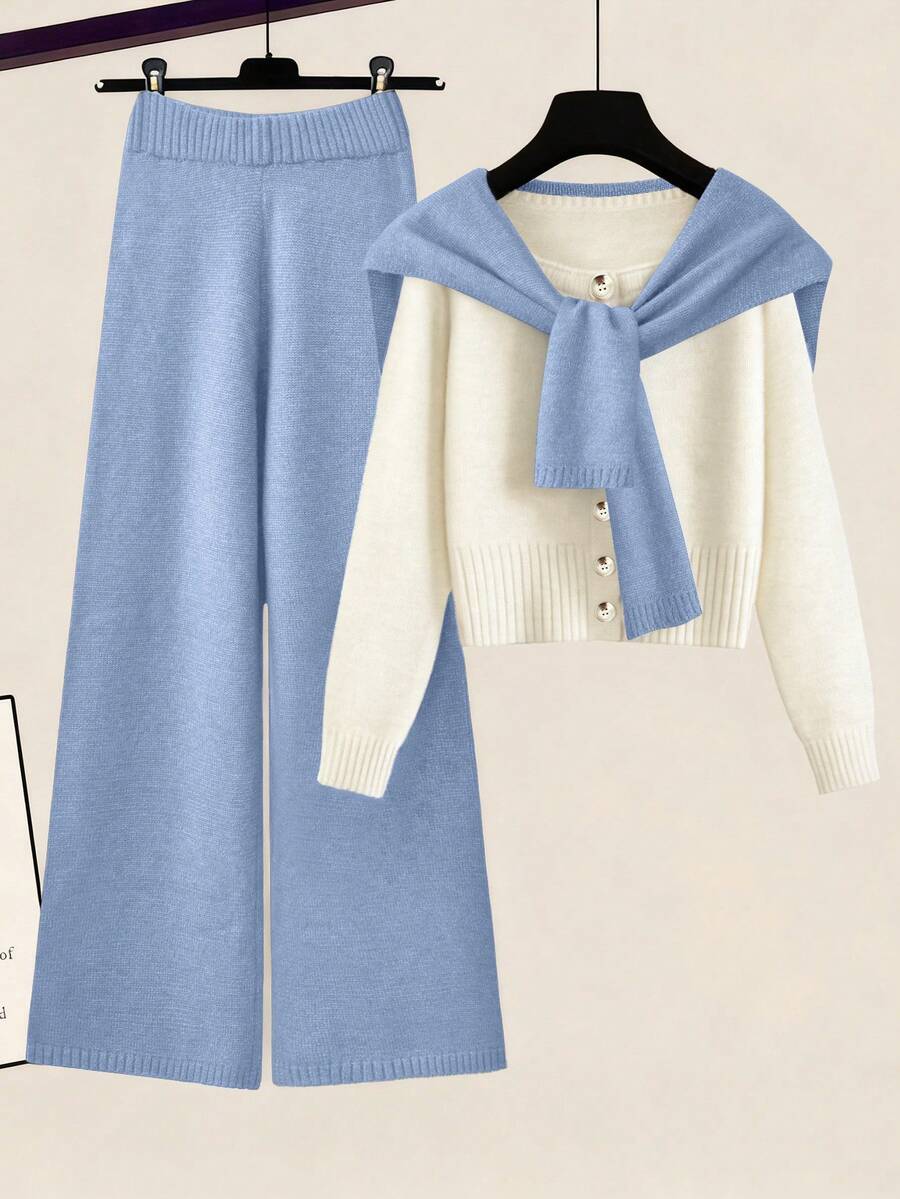 SHEIN LUNE 女士时尚撞色毛衣两件套,简约通勤斗篷二合一圆领插肩长袖撞色修身开衫和休闲弹力腰宽松针织藏蓝色长裤 - 淺藍色 - 查看 1