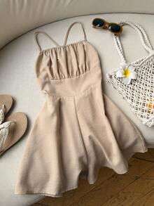 SHEIN EZwear 卡其色编织露背连体裤（女款） - 卡其色 - 查看 4