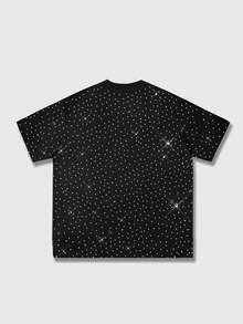 ROMWE MEN 2026 Spring, Autumn & Summer Men's Casual Fashion Rhinestone Embellished Short Sleeve T-Shirt, Unisex Couple Design Round Neck Tee - Black - View 2