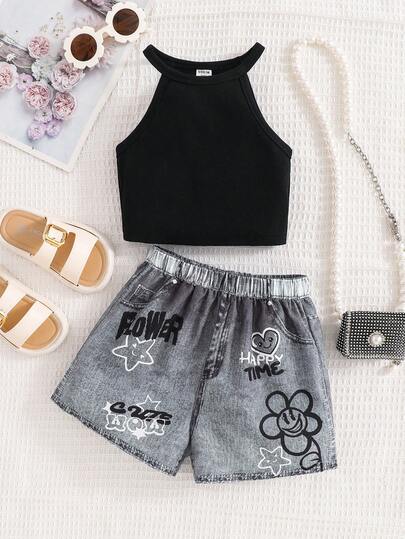 SHEIN 两件套女童纯色针织无袖上衣和短裤套装