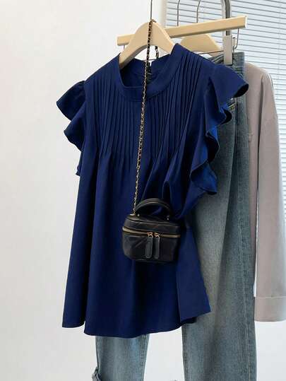 GlowEve CURVE Plus Size Women's Navy Blue Flared Sleeve Shirt Blouse, Front Pleated Design, Casual Minimalist Shirt For Everyday Wear, Loose & Comfortable Office Top, Home Wear, Spring/Summer Solid Color Slimming Shirt