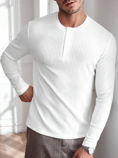 Core Aspect 男士纯色纽扣半开襟长袖休闲奢华都市罗纹T恤