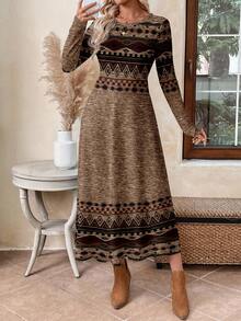 EMERY ROSE 女士几何印花圆领长袖休闲连衣裙，适合度假穿着 - 彩色 - 查看 3