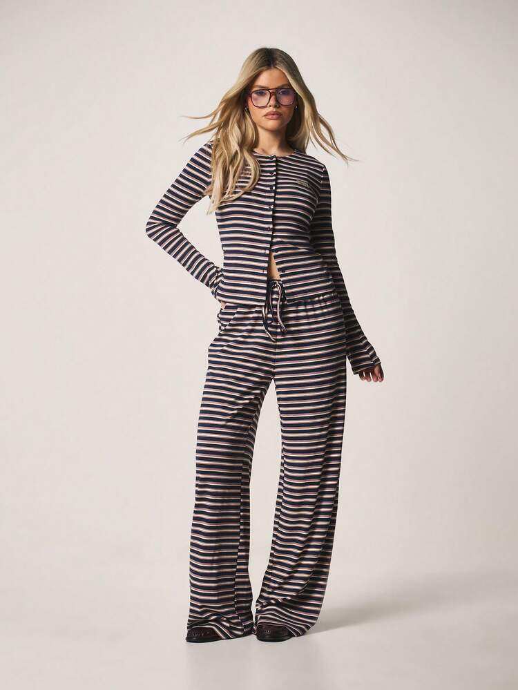 MISSGUIDED Striped Long Sleeve Top And Wide Leg Pants Set