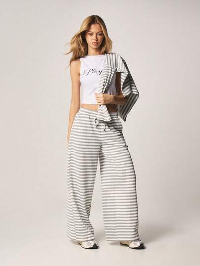 Missguided x Playboy Striped Long Sleeve T-Shirt And Wide Leg Jogger Co-Ord Set Horizontal Stripe Pattern Casual Loungewear Matching Set Comfortable Relaxed Fit Two Piece Outfit