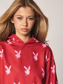 Missguided x Playboy 超大兔子印花连帽衫，带抽绳长袖休闲套头衫，秋冬季舒适卫衣家居服，情人节特惠 - 紅色 - 查看 4
