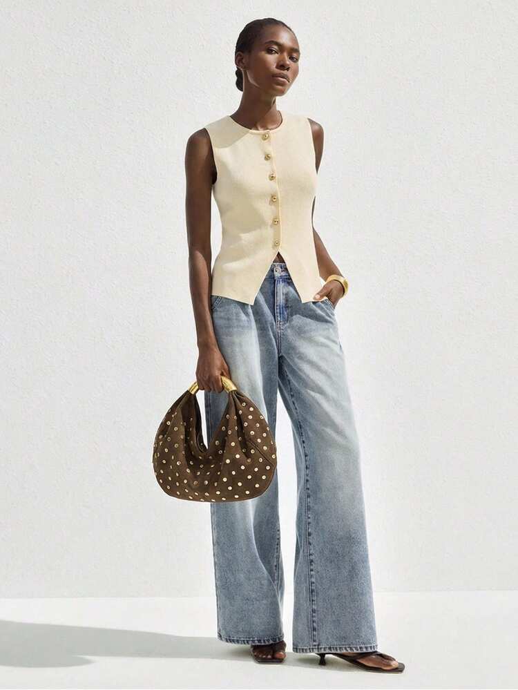 SHEIN Maija Ladies, Women Top Handle Bags, Suede, Suede Bag, Retro, Rivets, Vintage, Gold Metal Handle, Fashionable, Elegant , Simple, Personalized, Versatile, Classic, For Commute, Office, Date, Daily, Shopping, Afternoon Tea