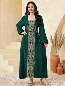 SHEIN Elegant Luxurious Solid Olive Green Square Neck Gold Thread Decor Ruffle Waist Tie Lantern Sleeve Dress, Abaya Style Dress, Girls Spring Autumn Dress, Everyday Wear, Arabic Jalabiya Dress, Dignified Embroidered Green Dress Dark Green Dress Long Sleeve Green Dress Elegant Green Dress Green Dresses For Women Muslim Girl Dress - Dark Green - View 5