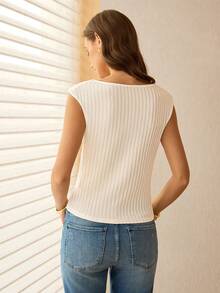 Lymera Spring/Summer New Fashion Casual Apricot Minimalist Vertical Stripe Textured 3D Jacquard V-Neck Sleeveless T-Shirt, Commuting - Apricot - View 2