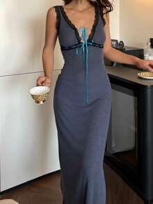 DAZY Camisón largo para mujer con cintura ceñida, decoración de cinta de contraste y parches de encaje cautivadores sin mangas - Gris Oscuro - Ver 4