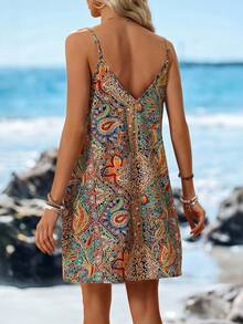 Sylviya 女性波西米亞風格印花交叉束腰連衣裙,v領,露背,流蘇邊緣,適合音樂節