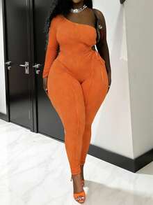 Slaydiva 春夏新款女装，秋冬女装，新款音乐节万圣节服装，女士生日礼服，日常穿着，百搭基础款，休闲款，度假款，邮轮旅行款，海滩款，日光浴款，爆款，橙色无袖长袖镂空抽绳罗纹修身街头风连体裤 - 橘色 - 查看 4