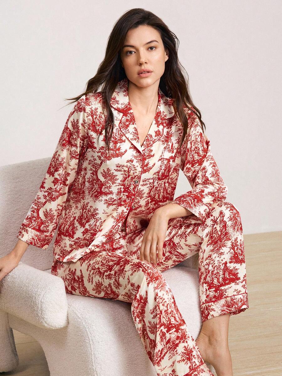 Hourtrue 2件組女款墨水印花冰絲睡衣套裝，簡約翻領長袖家居服套裝，兩件式套裝，秋冬服飾，聖誕節，休閒服，老錢風，夏季優雅穿搭