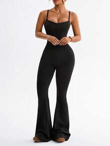 Dewbera 1pc Women's Seamless Backless Criss-Cross Waist V-Neck Sports Jumpsuit For Running, Fitness, Yoga, Dance, Leotard - Black - View 4